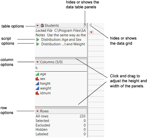 Interacting with the Data Table Panels