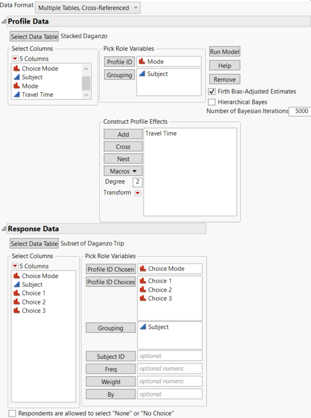 Choice Dialog Box for Daganzo Data with Multiple Tables