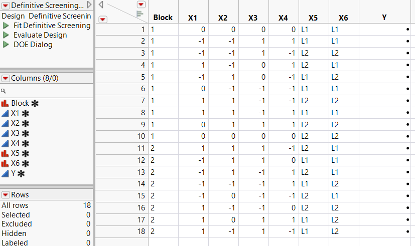 Definitive Screening Design Table Showing Scripts