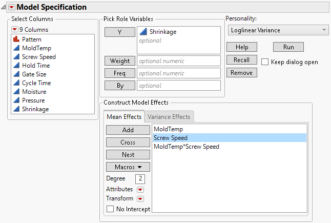 Fit Model Launch Window with Loglinear Variance Selected