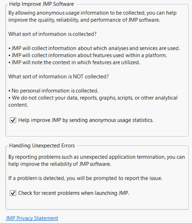 JMP Privacy Preferences for the Regular Version of JMP