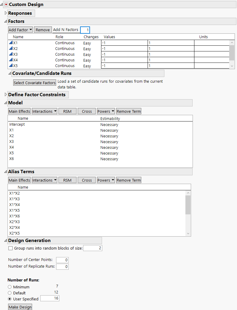 Factors, Model, Alias Terms, and Number of Runs