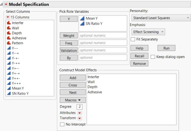 Fit Model Launch Window for Taguchi Data