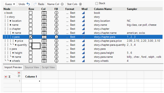 Row Element Selected in the Row Column