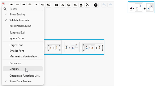 Selecting Simplify (Left) Produces a Simplified Formula (Right)