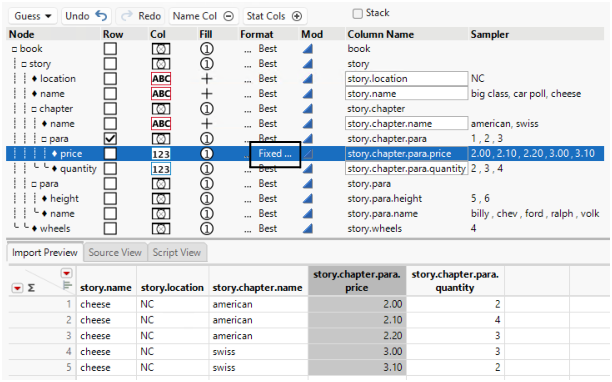 Format Type Selected in the Format Column