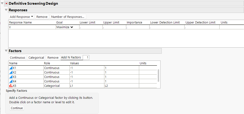 Definitive Screening Dialog with 4 Continuous and 2 Categorical Factors