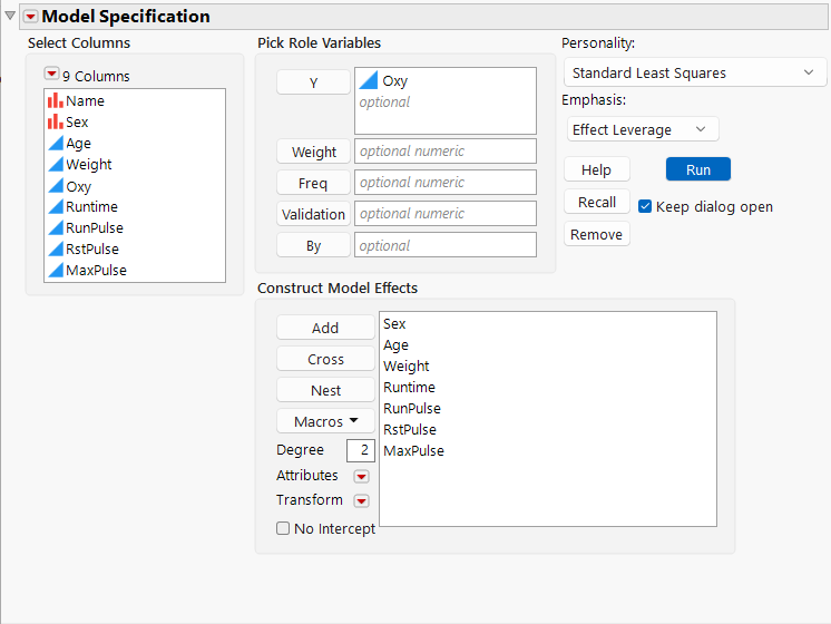 Model Specification Window for Fitness Regression Model