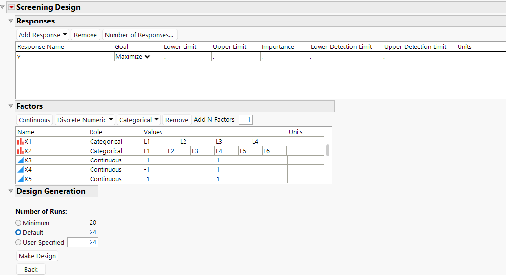 Screening Design Window for 13-Factor Design with Design Generation Panel