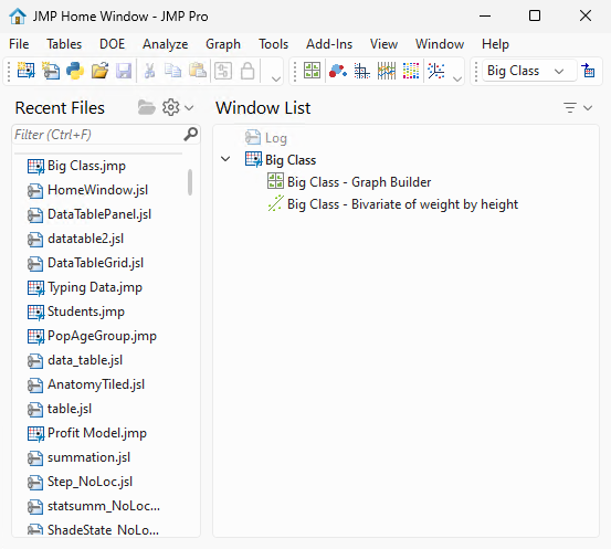 The JMP Home Window on Windows