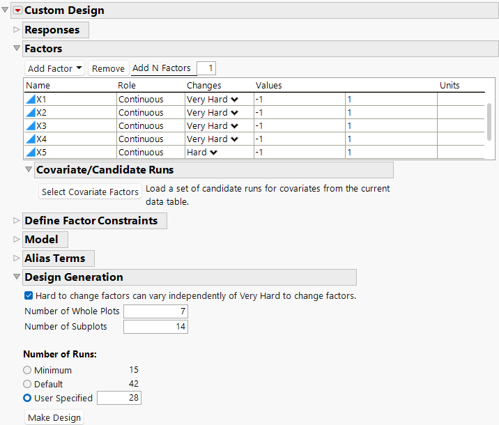 Factors and Design Generation Sections for a Two-Way Split Plot Design