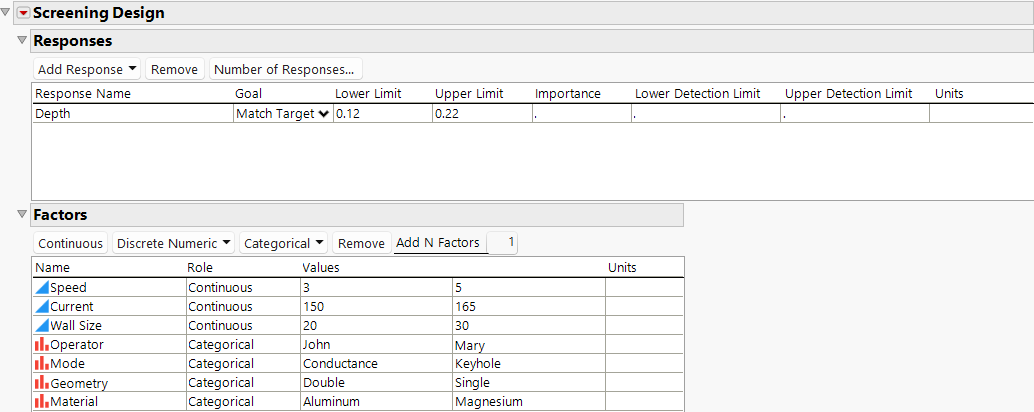 Responses and Factors for Weld Experiment