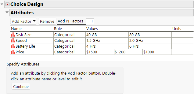 Choice Design Window with Attributes Defined