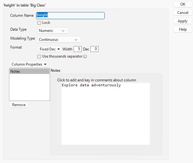 The Column Info Window