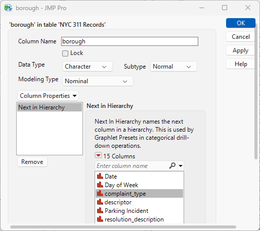 complaint_type Selected for Next in Hierarchy