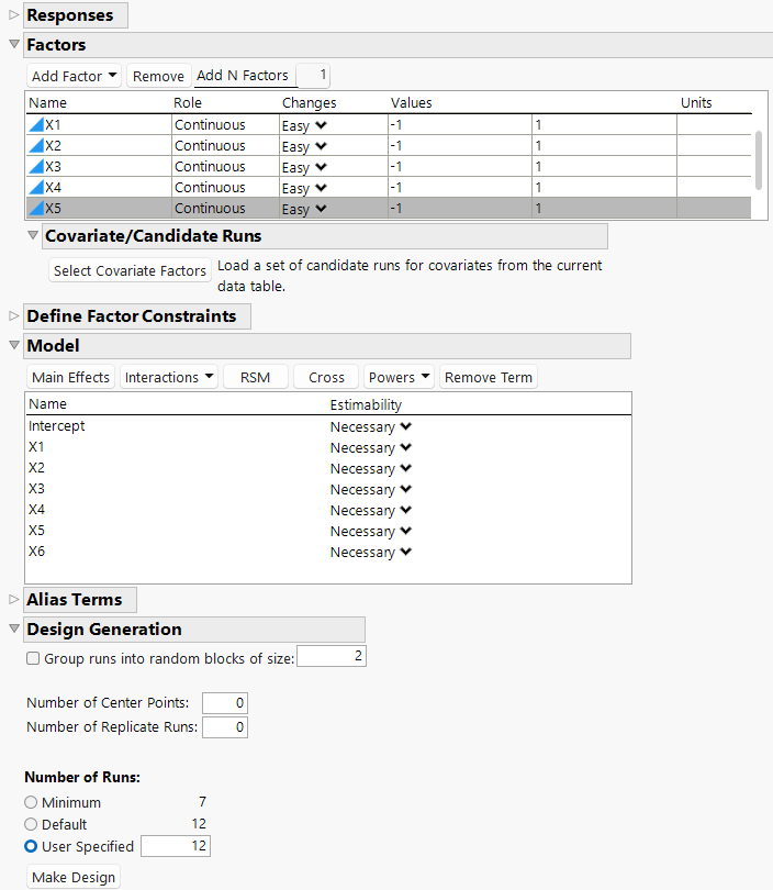 Custom Design Window Showing the Model Section