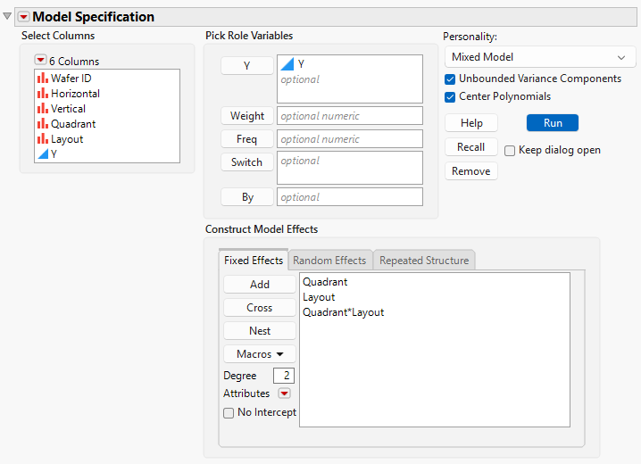 Fit Model Launch Window Showing Completed Fixed Effects Tab