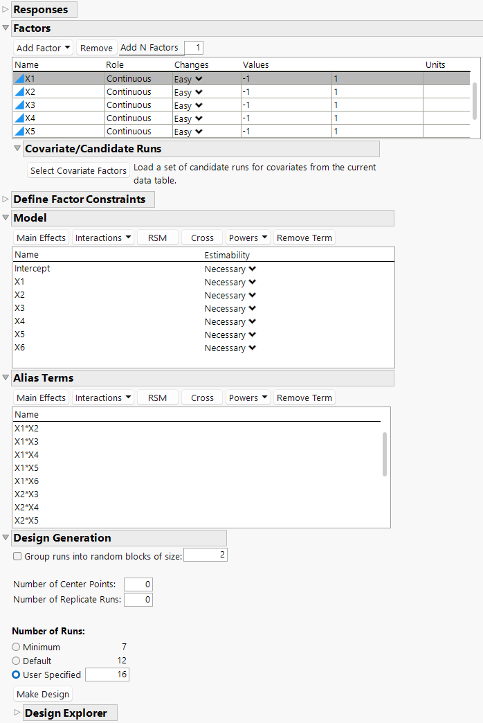 Factors, Model, Alias Terms, and Number of Runs
